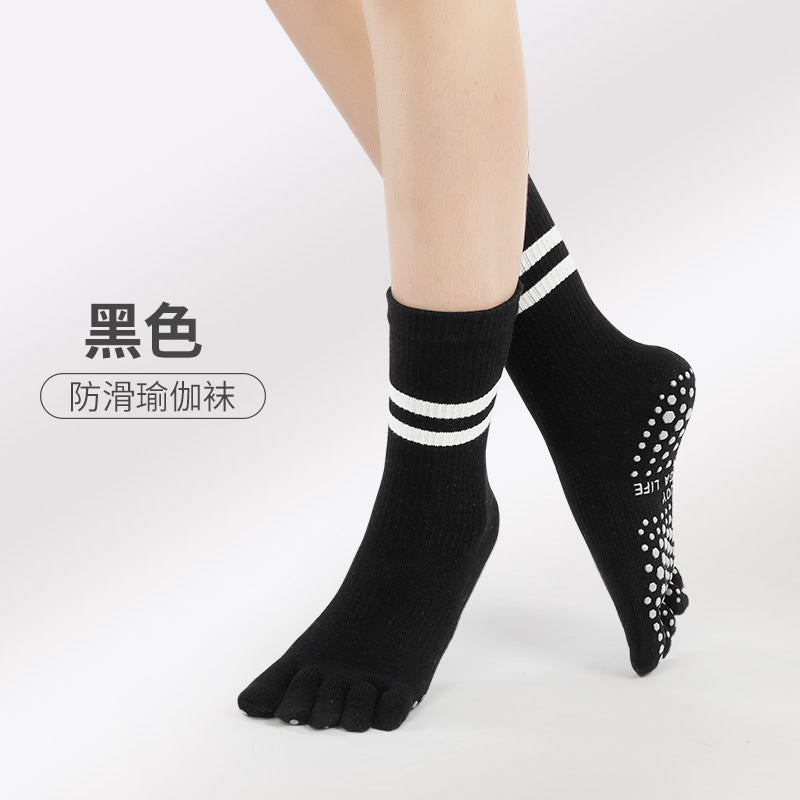 New Five-Finger Non-Slip Yoga Socks Pilates Sports Toe Socks Breathable Striped Middle Barrel Indoor Fitness Compression Socks