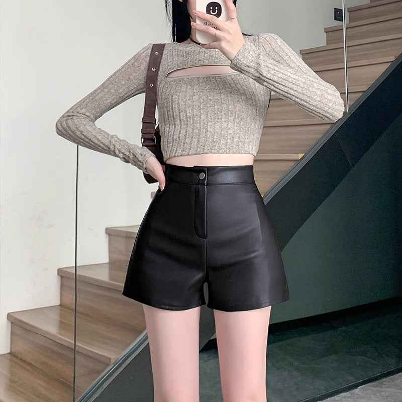Black High Waist Leather Shorts Women's Autumn and Winter New 2024 Korean Style Tight Fit plus size chubby girl Hip All-match Outer Wear Boots Pants