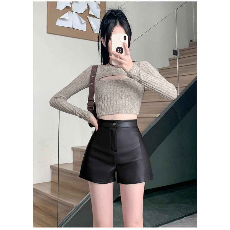 Black High Waist Leather Shorts Women's Autumn and Winter New 2024 Korean Style Tight Fit plus size chubby girl Hip All-match Outer Wear Boots Pants