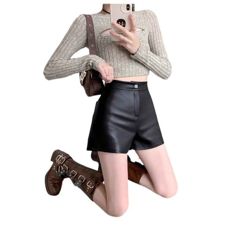 Black High Waist Leather Shorts Women's Autumn and Winter New 2024 Korean Style Tight Fit plus size chubby girl Hip All-match Outer Wear Boots Pants