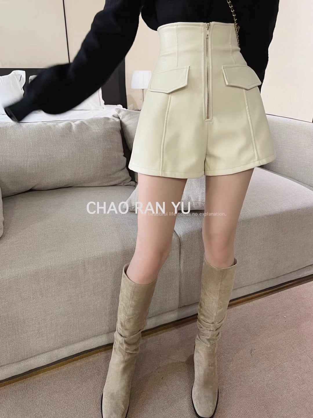 PU Leather Shorts Women's Autumn and Winter Outer Wear High Waist Slimming Boots Pants Fashionable Korean Style Elegant Leather Pants Zipper A- line Wide Leg Pants