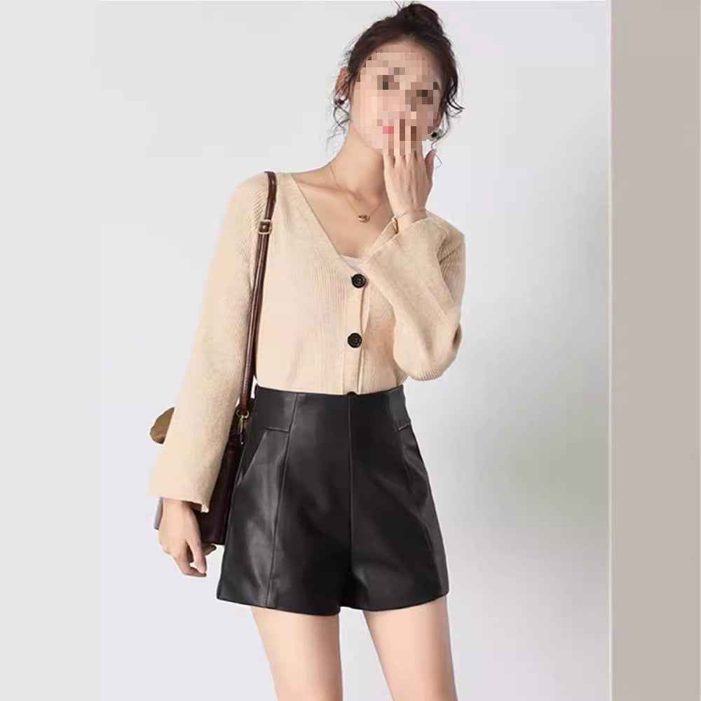 2023 Autumn Explosions Black Leather Shorts Women's High Waist Slim-fit Loose Straight A- leg Wide Leg Bottoming Boots Pants