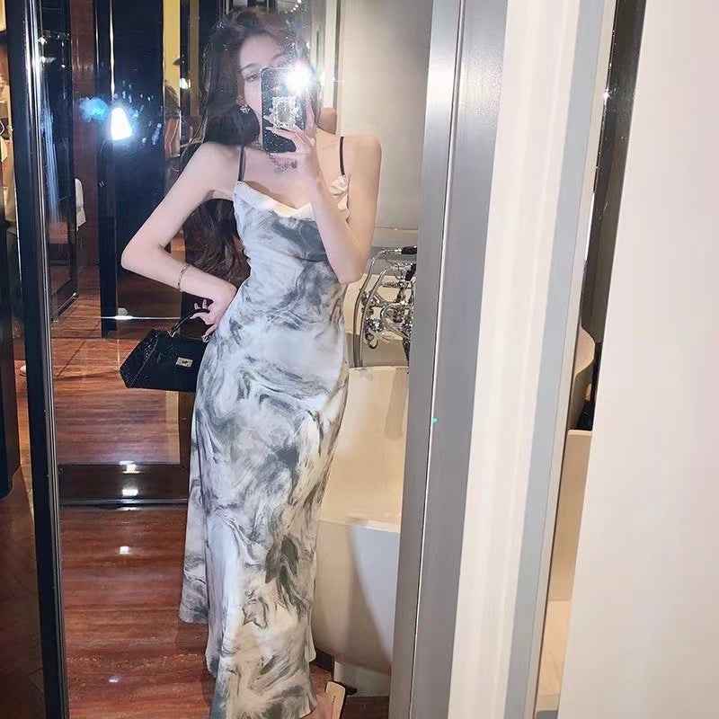 Elegant Socialite High Waist Sling dress Summer 2023 New French Backless Design Chic Midi Dress