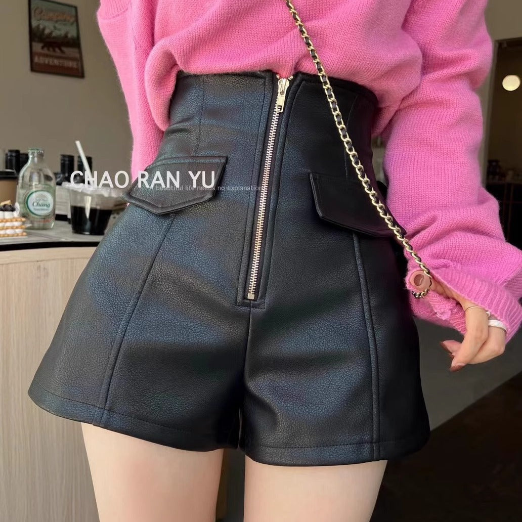 PU Leather Shorts Women's Autumn and Winter Outer Wear High Waist Slimming Boots Pants Fashionable Korean Style Elegant Leather Pants Zipper A- line Wide Leg Pants