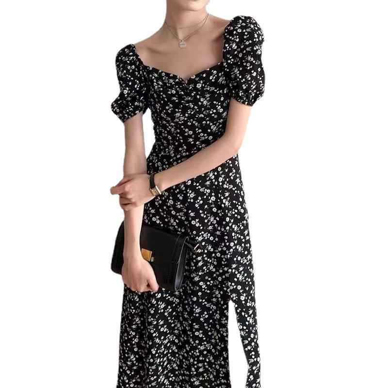 Cross-Border French Floral Dress Women's Summer Square Neck Puff Sleeves Slit Waist Temperament Tea Break Long Skirt