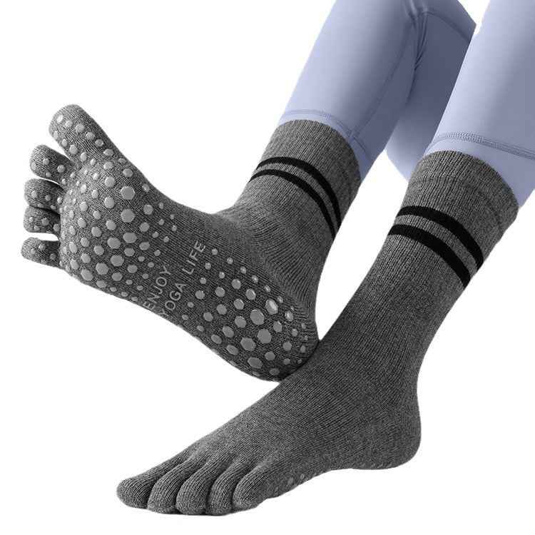 New Five-Finger Non-Slip Yoga Socks Pilates Sports Toe Socks Breathable Striped Middle Barrel Indoor Fitness Compression Socks