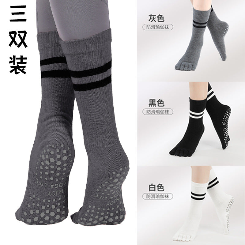 New Five-Finger Non-Slip Yoga Socks Pilates Sports Toe Socks Breathable Striped Middle Barrel Indoor Fitness Compression Socks