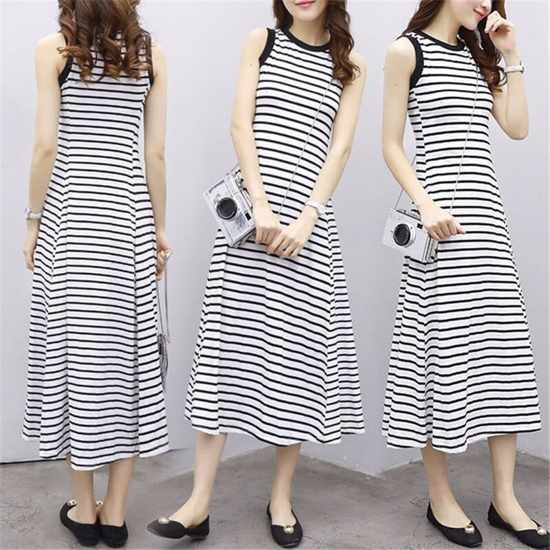 Korean Style Slim Stripesd Dress Women's Summer Retro Simple Sleeveless Vest Dress A-Line Long Skirt Black White