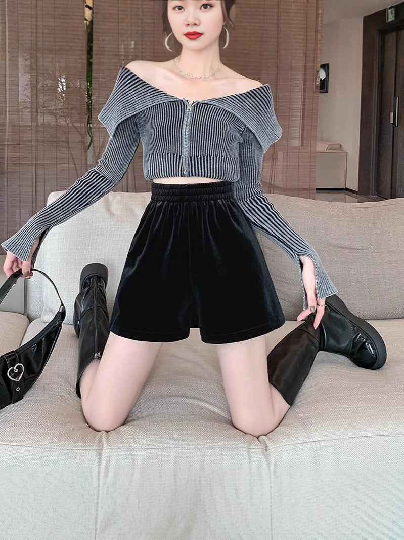 Loose Waist Velvet Black Shorts Women's Outer Wear Thickened Pants 2024 Early Autumn New Loose Wide Leg A- Shoe Pants