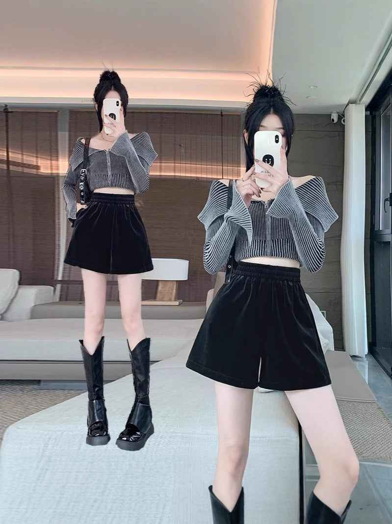 Loose Waist Velvet Black Shorts Women's Outer Wear Thickened Pants 2024 Early Autumn New Loose Wide Leg A- Shoe Pants