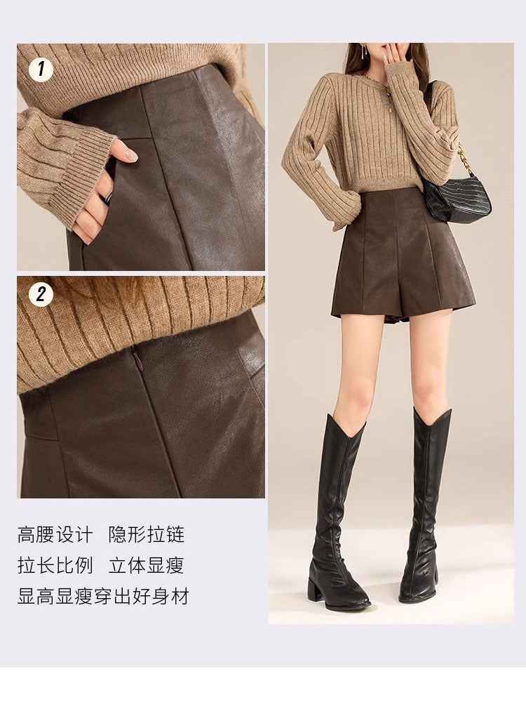 High Waist Leather Shorts Women's 2023 New Autumn and Winter A- line Slimming PU Leather Wide Leg Pants Black Korean Style Outer Boot Pants