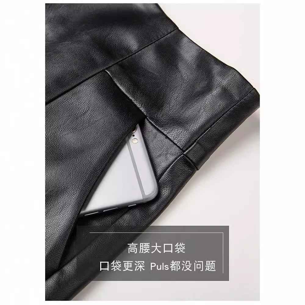 2023 Autumn Explosions Black Leather Shorts Women's High Waist Slim-fit Loose Straight A- leg Wide Leg Bottoming Boots Pants