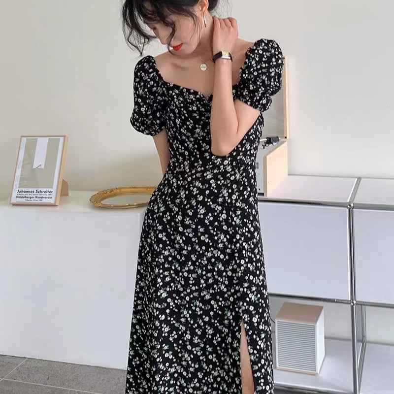 Cross-Border French Floral Dress Women's Summer Square Neck Puff Sleeves Slit Waist Temperament Tea Break Long Skirt