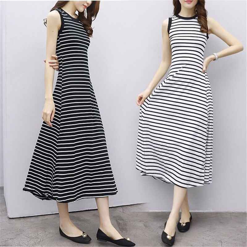 Korean Style Slim Stripesd Dress Women's Summer Retro Simple Sleeveless Vest Dress A-Line Long Skirt Black White
