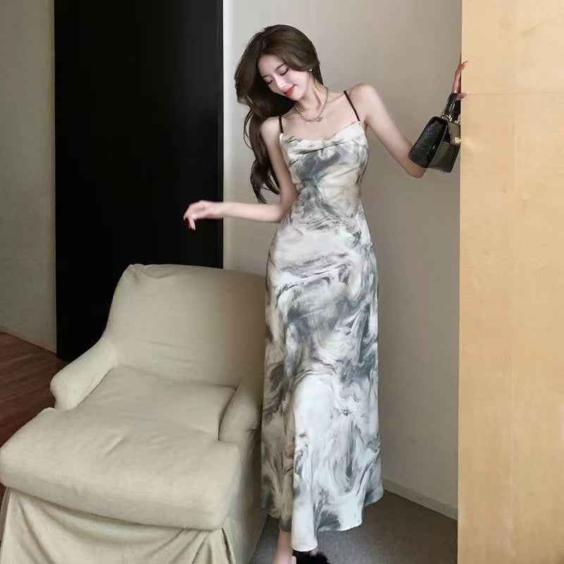 Elegant Socialite High Waist Sling dress Summer 2023 New French Backless Design Chic Midi Dress