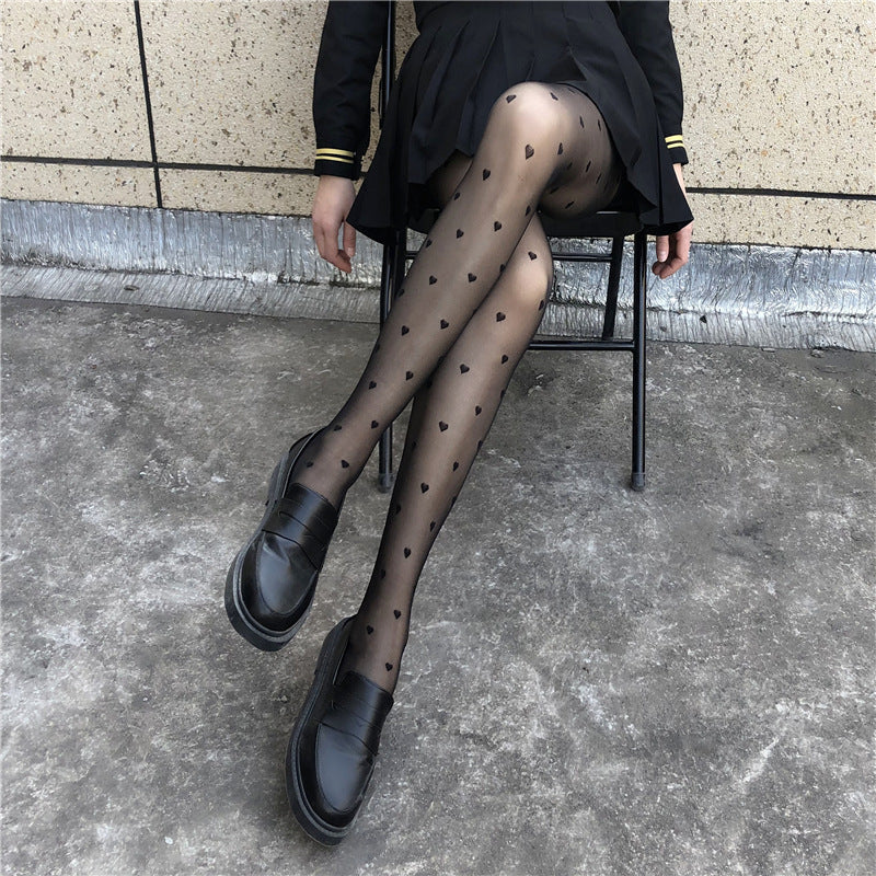 Japanese-Style Fishnet Stockings, Anti-Snag Thin Spring/Summer Women's Heart-Patterned Black Long Pantyhose, Jk Tights Wholesale