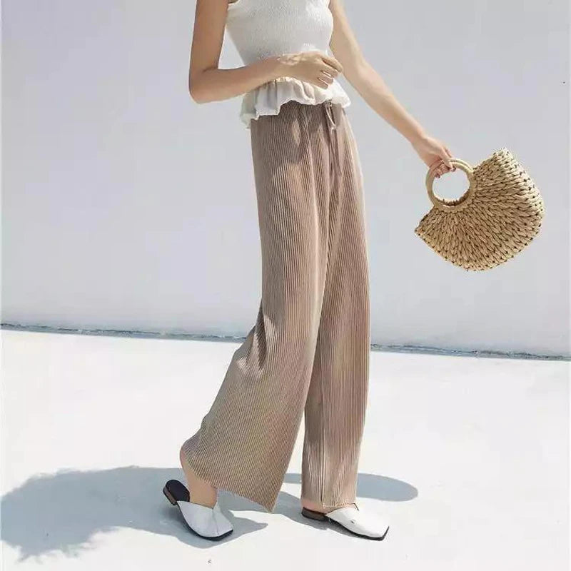 Women's Pleated Wide-Leg Pants | Ice Silk Loose Trousers with Elastic Waist