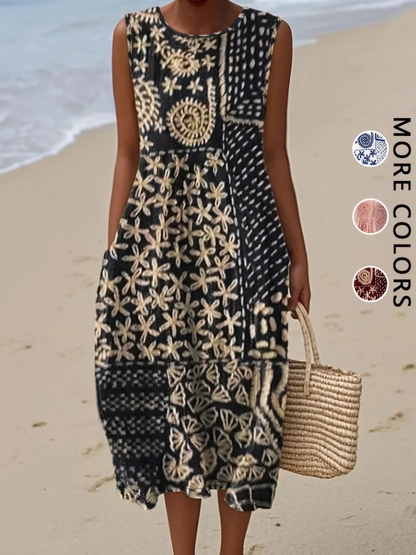 Bohemian Floral Midi Sundress — Sleeveless Beach Dress with Pockets