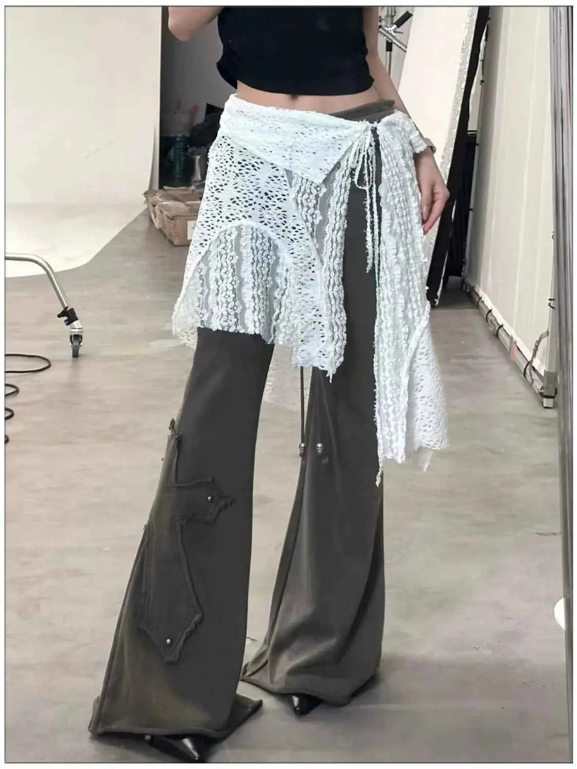 Hollow Out Irregular Lace Skirts Chic Lace-up Design Stacked Layered Feeling Mesh Apron Vintage Women Y2k White Jacquard