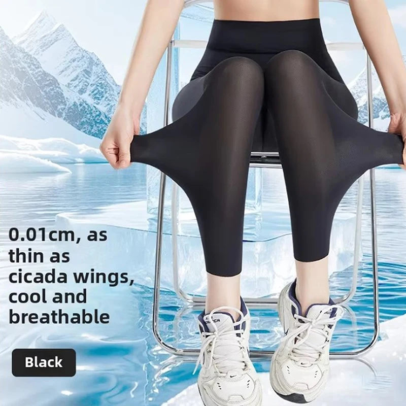 Summer Sunscreen High Waist Leggings Women Silky Ice Cooling 4-Way Stretch Capri Trousers Tummy Control Yoga Pants