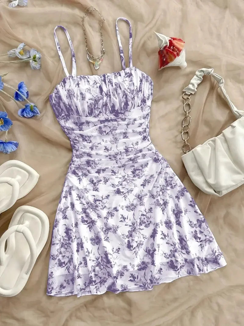 Printed Backless Pleated Mini Dress — Sexy Suspender Beach Vacation Dress