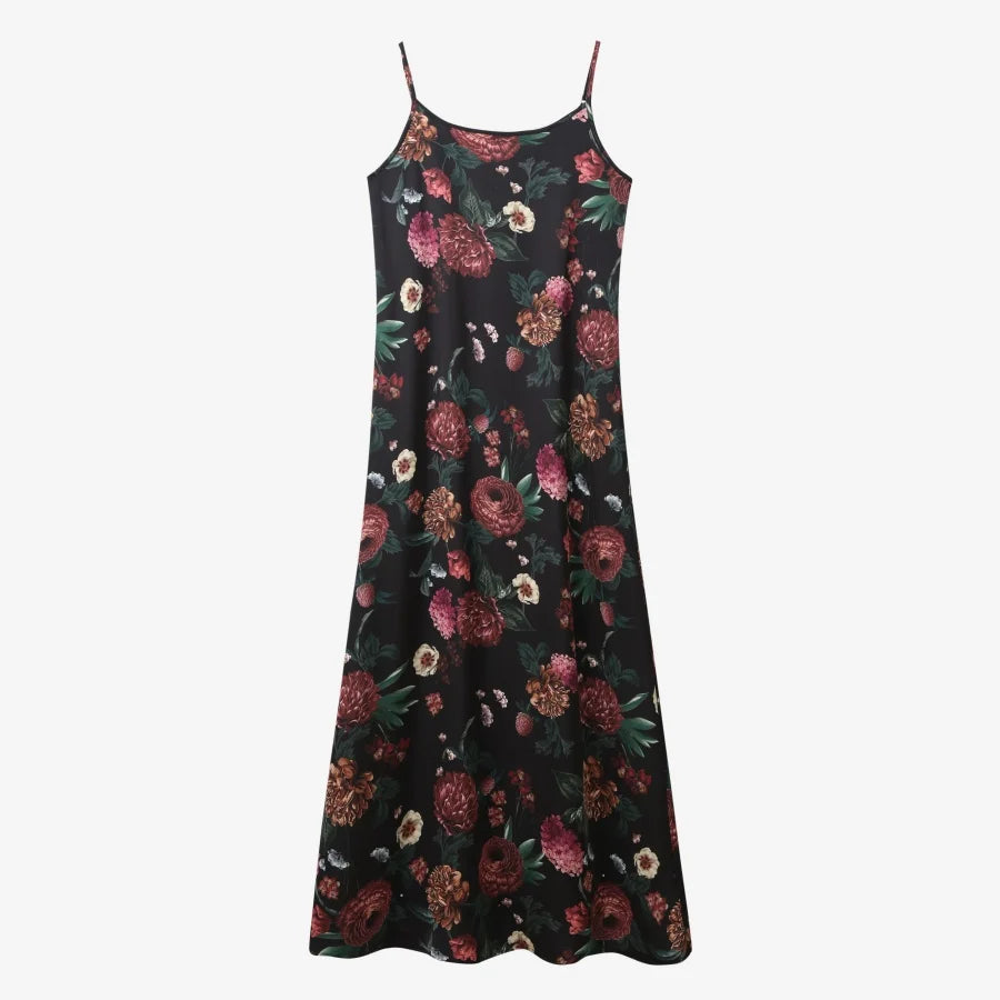 Satin Slip Maxi Dress — Mock Neck Adjustable Floor-Length Dress