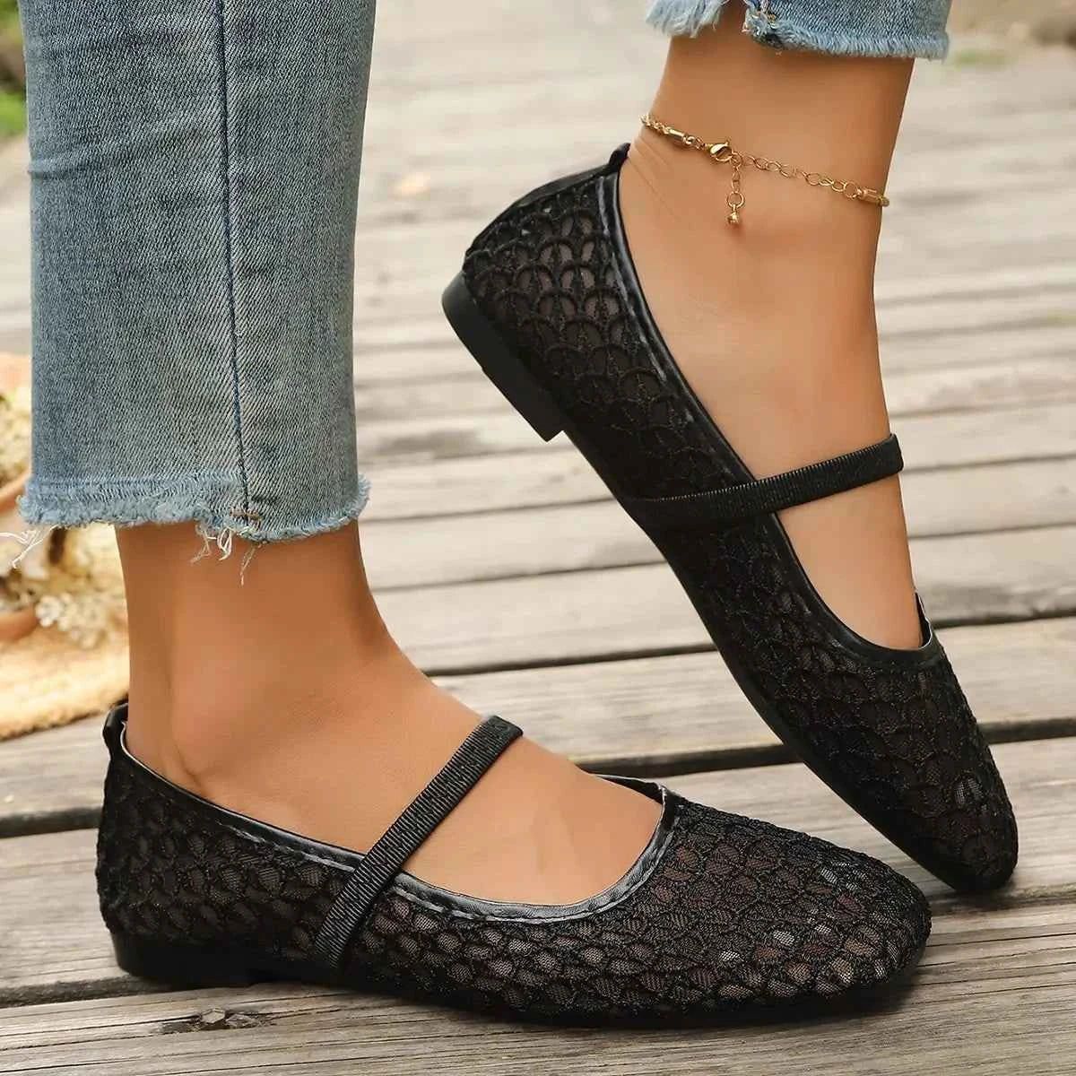 Breathable Woven Flats | Square Toe Buckle Strap Ballet Shoes for Women