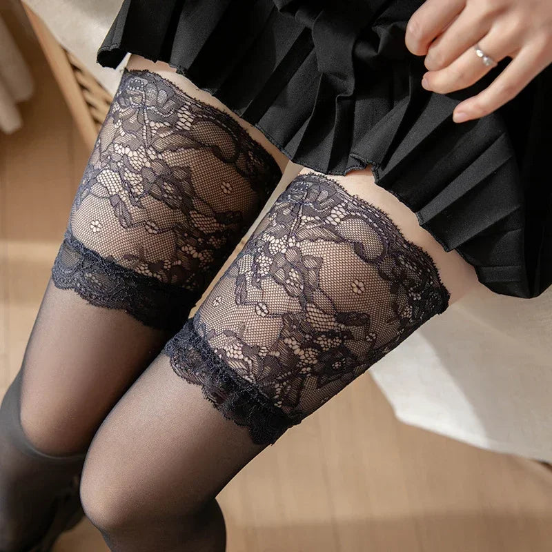 Lace Stay-Up Thigh High Stockings — Sheer Cross Pantyhose Hosiery