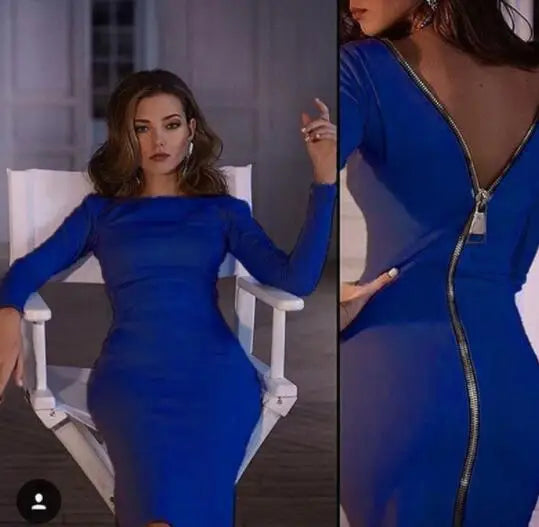 Plus Size Bodycon Dress — Long Sleeve Round Neck Zipper Tight Dress
