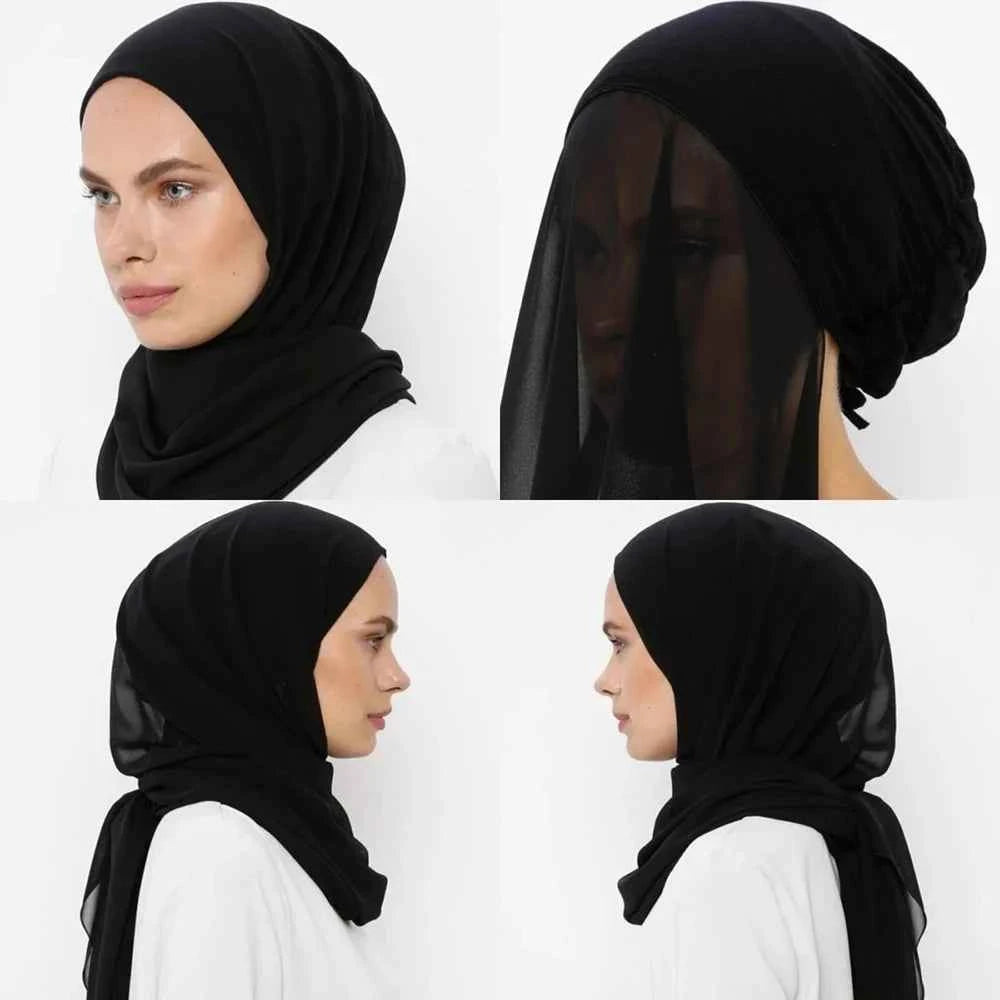 Instant Hijab with Tube Caps Women Premium Chiffon Hijab Muslim Soft Modal Cotton Open Caps Solid Colors Chiffon Shawl Turban