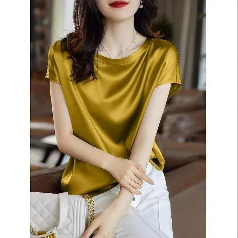 Summer Raglan Sleeve Faux Silk Satin Blouse Women Elegant Office OL Tops Loose Fit T-Shirts Basic Blusas Female Tunic Oversized