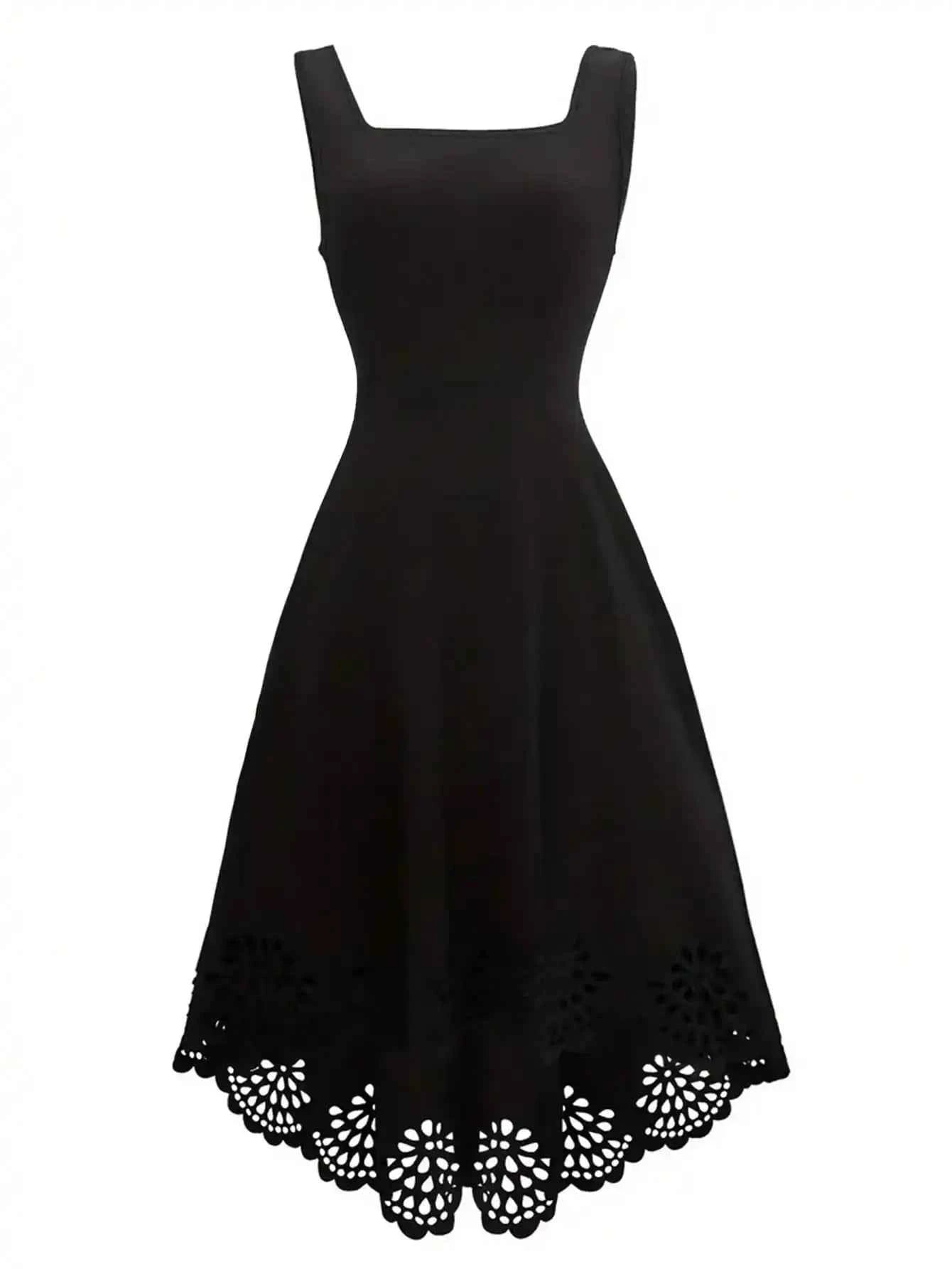 Minimalist Black Fit-and-Flare Dress Square Neck Sleeveless Laser Cut Lace Hem Casual Wedding Guest Dress