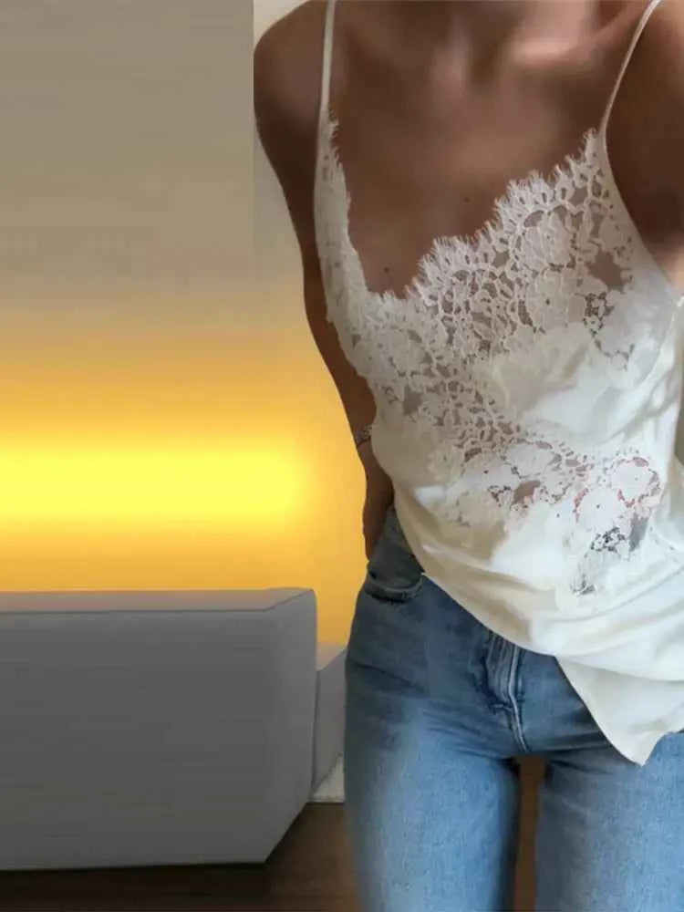 Women Short Set Satin Lace Spaghetti Strap V-Neck Top Drawstring Waist Lace Trim Shorts Elegant Casual Solid Two Piece Set Lady