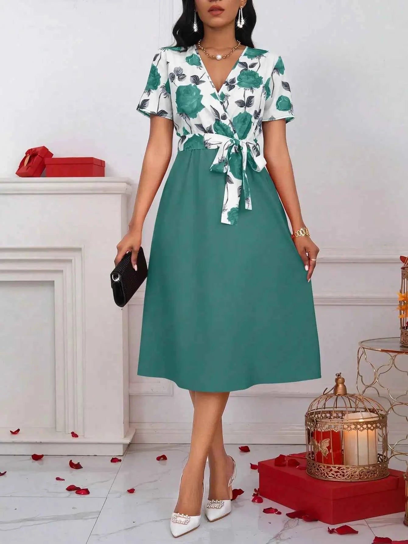 Women's Floral Print V-Neck Tie Waist Midi Dress - Rose Patchwork A-Line Short Sleeve Dress for Casual, Vacation & Wedding Guest