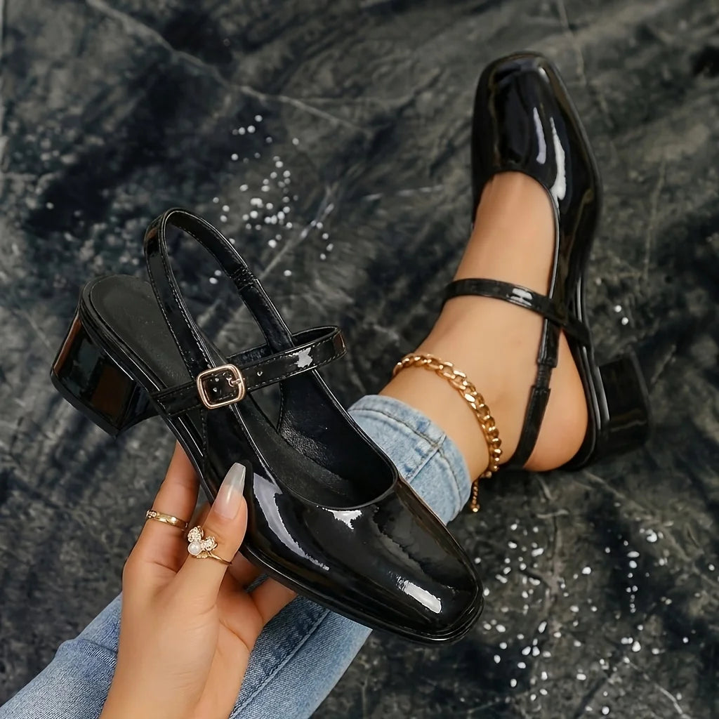 Women's Patent Leather Slingback Mary Jane Pumps | Block Heel Ankle Strap Dress Shoes