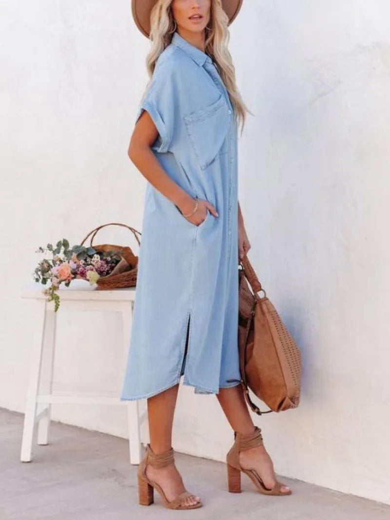 Shirt Dress with Slit — Casual Loose Short Sleeve Button-Up Dress