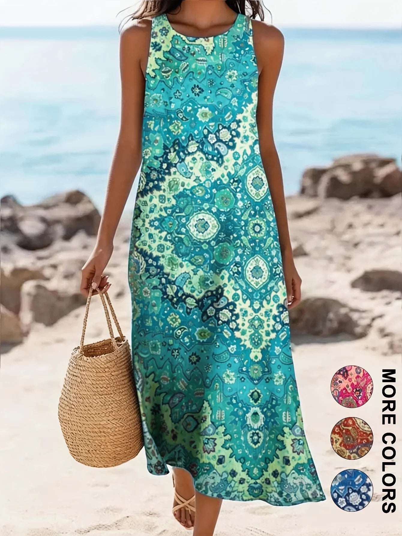 Bohemian Floral Midi Sundress — Sleeveless Beach Dress with Pockets