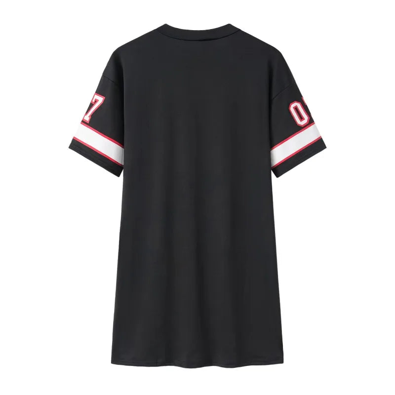 V-Neck Letter Print Mini Dress — Sporty Short Sleeve Streetwear