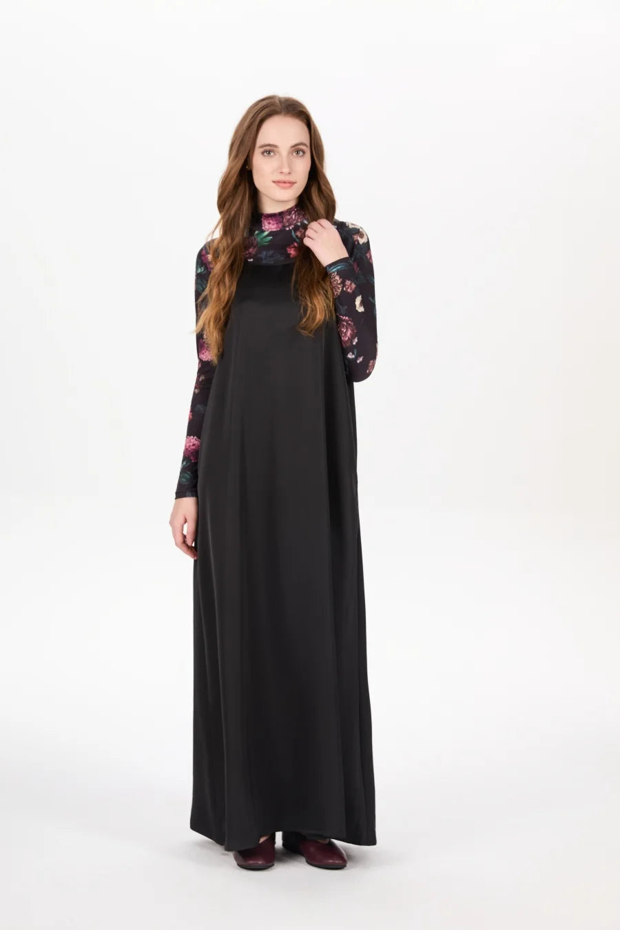 Satin Slip Maxi Dress — Mock Neck Adjustable Floor-Length Dress