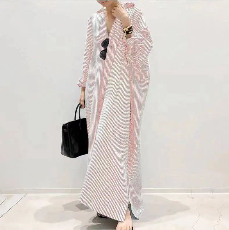 Casual Striped Loose Dresses For Women Fashion Long Sleeve Turn-down Collar Button Shirt Dress Lady Spring Autumn Clothes New