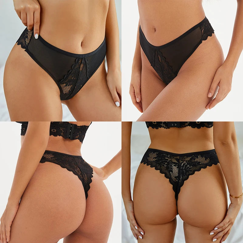 Women's Lace Thong Panties Set – 10 Pcs Sheer Mesh Floral G-String Underwear (S–XL)