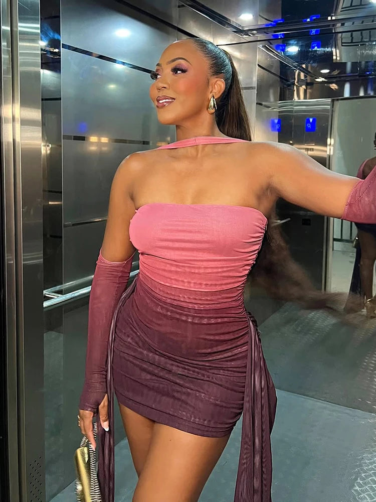 Strapless Mesh Mini Dress — Tassel Ribbon Body-Shaping Party Dress