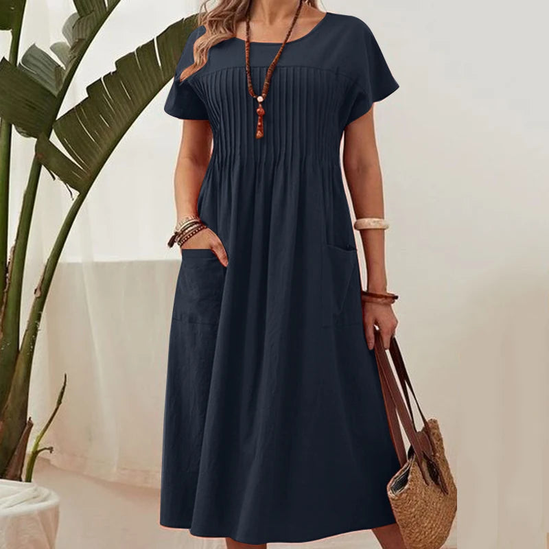 O-Neck Solid Midi Sundress — Elegant Short Sleeve Holiday Dress