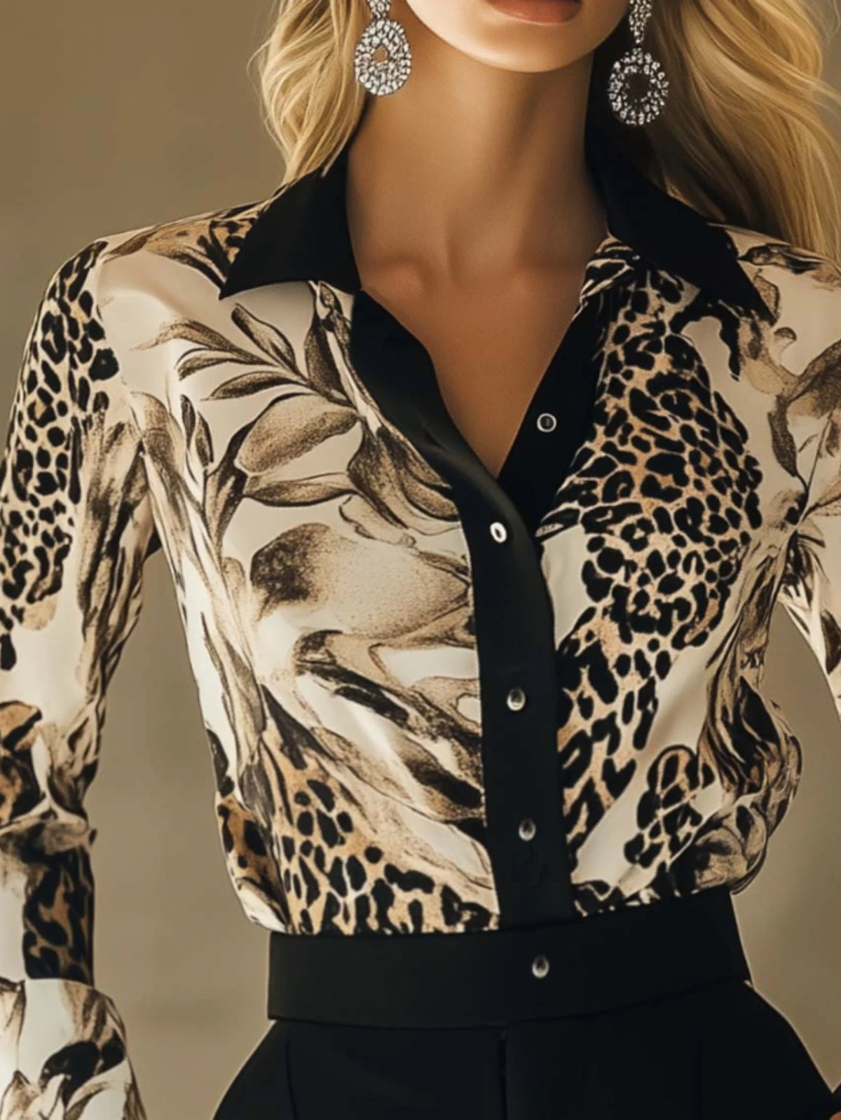 Leopard & Leaf Print Blouse – Elegant Button-Front Top for Women