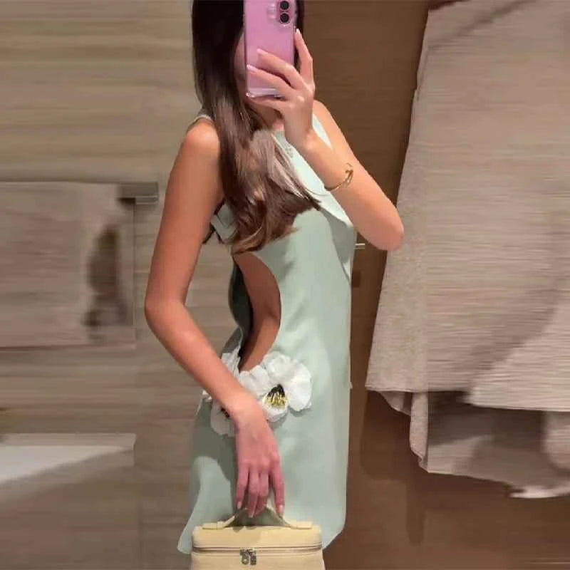 Women's Round Neck Solid Sleeveless Dress Sexy Waist Side Cut-outs Slim Mini Skirt Female New Date Commuter Party Clothes