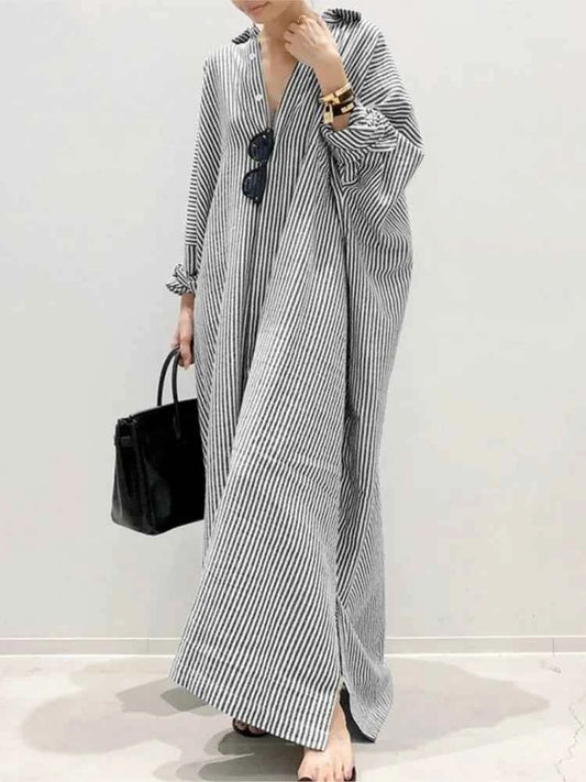 Casual Striped Loose Dresses For Women Fashion Long Sleeve Turn-down Collar Button Shirt Dress Lady Spring Autumn Clothes New