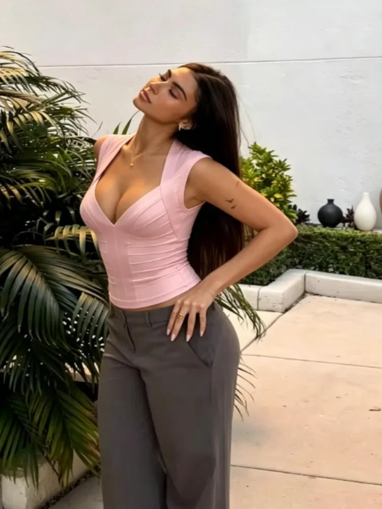 Chic Bandage Sleeveless Corset Top Chic Trendy Deep V Neck Back Zipper Bodycon Blouse Women Summer Date Party Club Vacation Wear