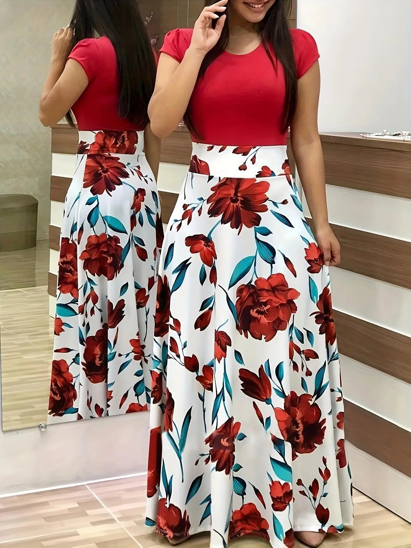 Floral Print Swing Dress — Short Sleeve Color Block Midi Skirt