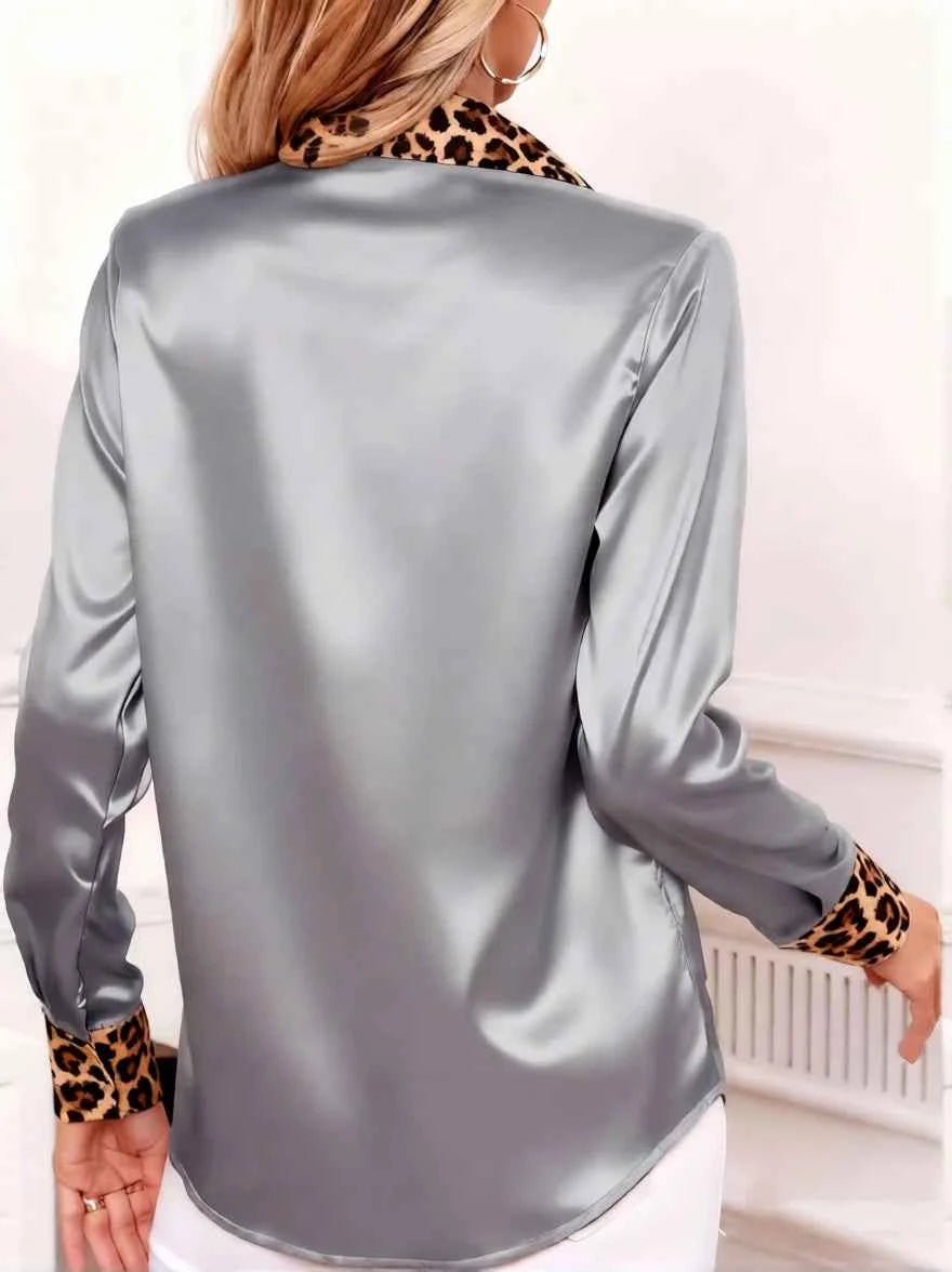 Leopard Trim Satin Blouse – Women's Long Sleeve Button-Down Top | Office to Evening
