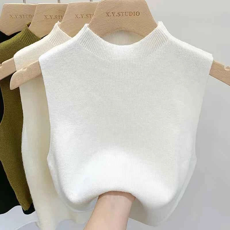 1PC Fashion Half Turtleneck Knitted Tank Top Summer Women Casual Solid Color Sleeveless Vest